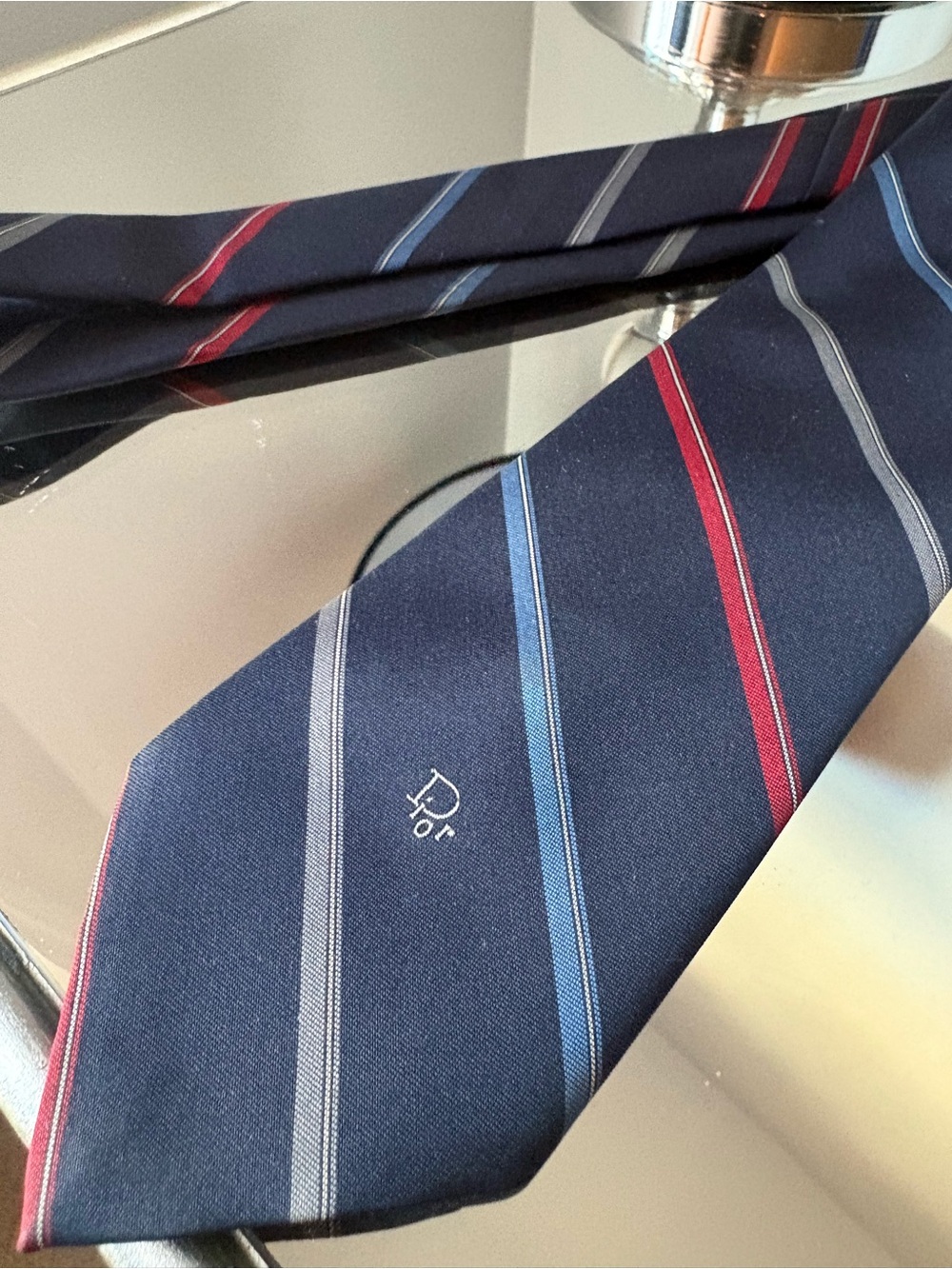 Dior Men’s Tie Luxury Designer Silk Navy Red Gray Striped